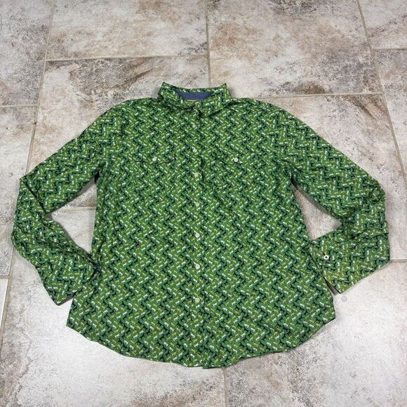 Talbots Shirt Blouse Womens 12 Green Horse Print Button Up Casual - Picture 2 of 9